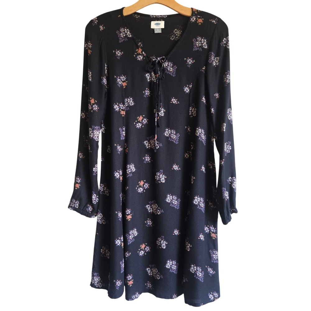 Old Navy Dress Size Small Black Floral Long Sleeve Tie Neck Boho Cottagecore